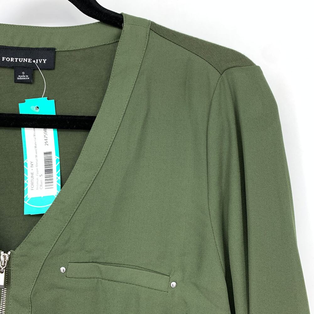 Fortune + Ivy Stitch Fix Olive Green Zip Front Blouse Womens Small Roll Tab NWT - Picture 3 of 7